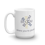 White 15oz coffee mug - "Bloom Where You're Planted"