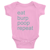 Eat, burp, poop, repeat - pink baby one-piece bodysuit